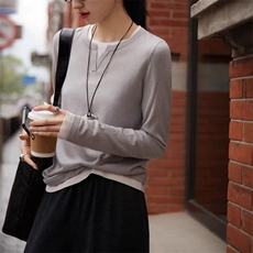 经典圆领百搭舒适休闲纯色显瘦打底衫女款，女装衬衫，美轩羊绒
