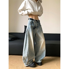 小众设计感廓形弯刀裤男美式牛仔裤宽松显瘦休闲阔腿裤子N744-P58，男装牛仔裤，星座308B-2