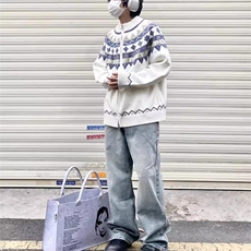 费尔岛圣诞拉链开衫毛衣慵懒风提花百搭新年针织毛衣外套，男装针织衫/毛衣，四季星座505