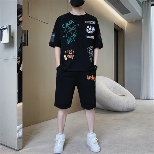 夏季休闲运动套装男青少年潮流印花短袖T恤两件套F307P58图片