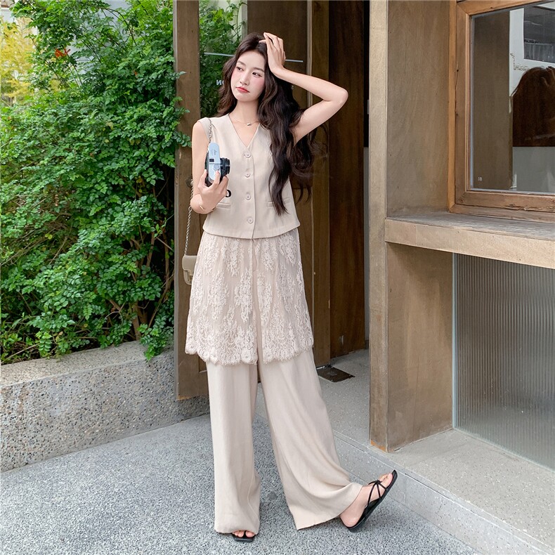 轻熟风气质套装女2026夏季拼蕾丝西装马甲显瘦阔腿裤两件套,女装套装/套裙,流量+