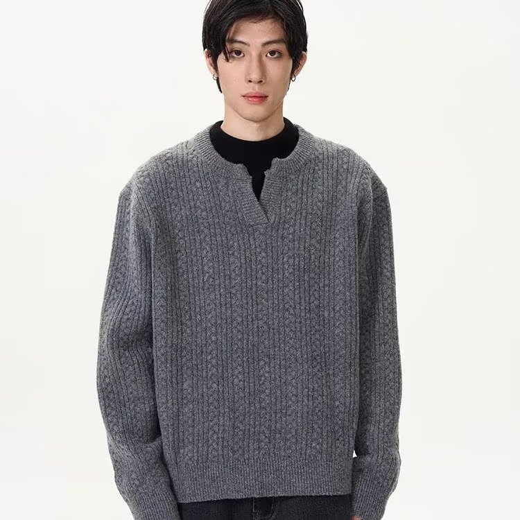 A317-P45 美式v领cleanfit毛衣男秋冬高级感简约休闲慵懒麻花纹针图片