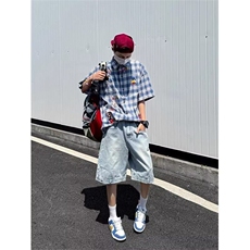 美式复古格子短袖衬衫男夏季宽松刺绣衬衣设计感格纹情侣百搭半袖，男装衬衫，星座506