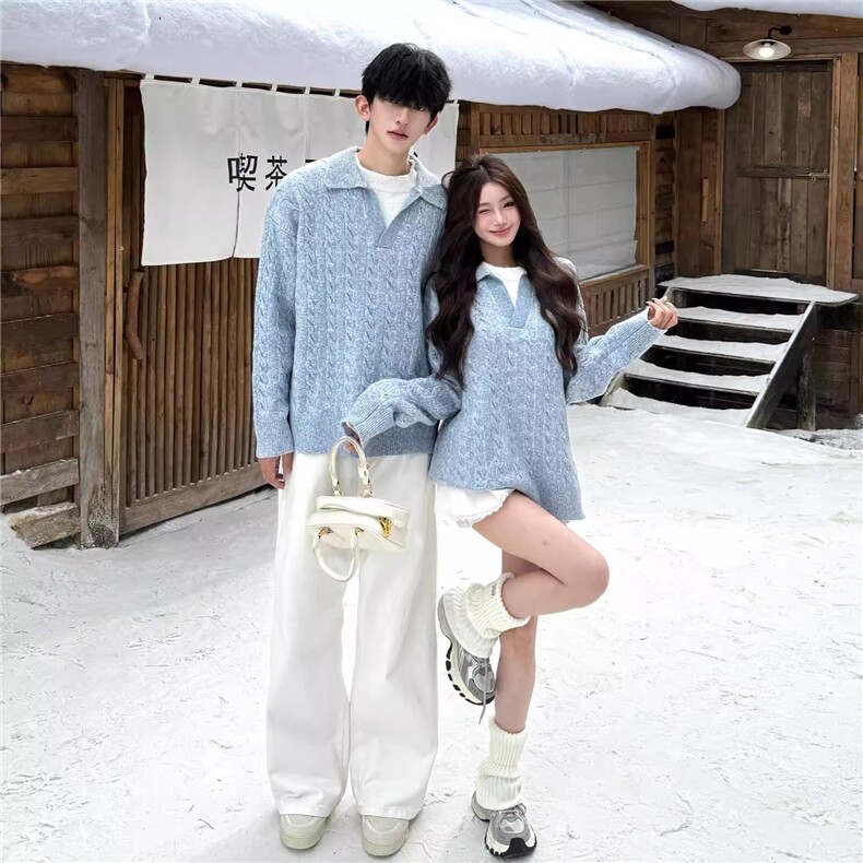 JY550-P61情侣装翻领麻花毛衣男女秋慵懒宽松休闲假两件针织衫,男装针织衫/毛衣,星座1501-3
