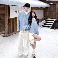 JY550-P61情侣装翻领麻花毛衣男女秋慵懒宽松休闲假两件针织衫，男装针织衫/毛衣，星座1501-3