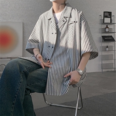 春夏英伦学院风青春男大竖条纹短袖衬衫翻领外套口袋设计短袖P40，男装衬衫，电商B319