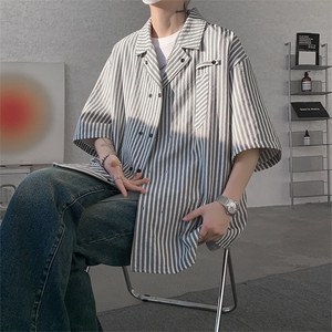 春夏英伦学院风青春男大竖条纹短袖衬衫翻领外套 口袋设计短袖P40图片