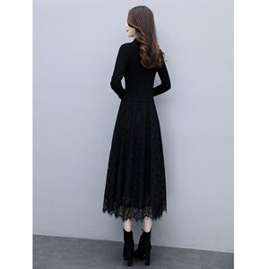 2023秋季新款半高领线衣花边配蕾丝长款打底连衣裙（配饰品)，女装连衣裙，安之芮娜