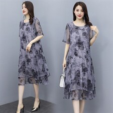 大花圆领高腰套头A字裙短袖中长款连衣裙2021夏季，商品下架区，华秀衣