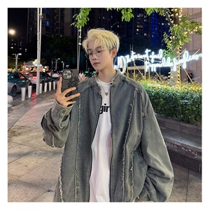 复古短款毛边廓形拉链牛仔外套男立领夹克设计感拼接上衣2213/P74