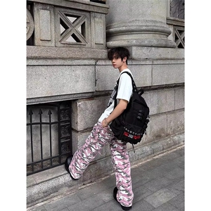 粉色工装迷彩裤男潮牌美式高街vibe裤子宽松直筒阔腿长裤图片