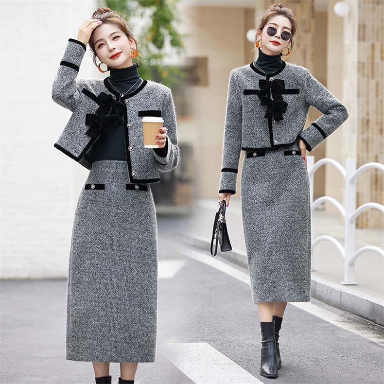 现货】2024冬季新款气质两件套撞色拼接丝绒白鸭绒套装送蝴蝶结，女装套装/套裙，丽美静依