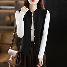 优雅复古盘扣马甲女羊毛针织背心外套显瘦百搭气质上衣，女装羊毛衫，丽特绒