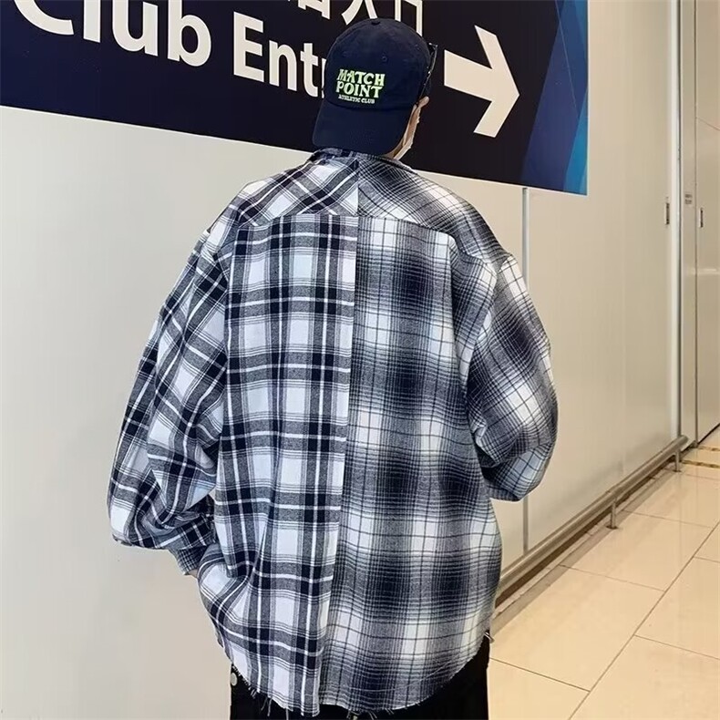 拼接格子衬衫男美式复古高级感古着潮牌长袖衬衣外套夏季,男装衬衫,星座410-7