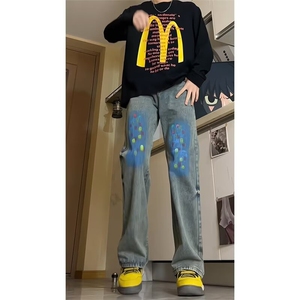 新款美式街头涂鸦水洗做旧牛仔裤男春秋季高街宽松直筒休闲裤图片