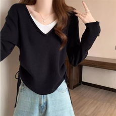 QC031-P58假两件V领设计感褶皱抽绳长袖打底针织衫毛衣上衣女，女装卫衣/绒衫，星座617A-2