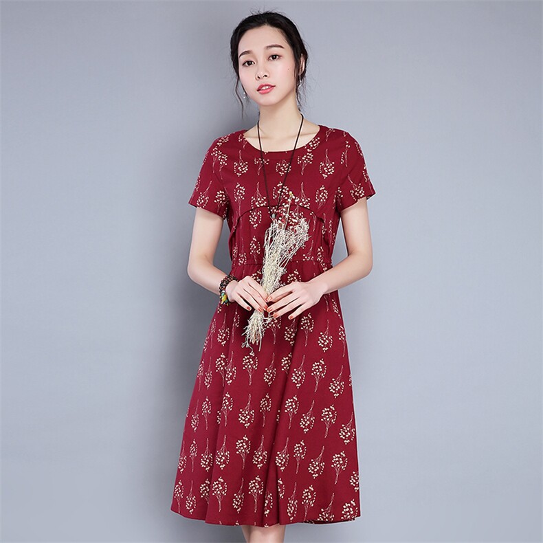 2021年夏季短袖中长款印花A型花色圆领松紧腰套头简约连衣裙,女装连衣裙,丽影随形