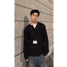 现货自制假两件长袖拼接领T恤上衣打底衫男女情侣p28，男装T恤，星座910A