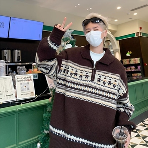 复古提花翻领针织衫毛衣百搭拉链套头情侣厚冬季图片