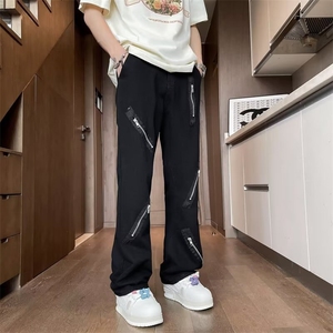 气质流行日系喇叭长裤牛仔裤I拉链文艺简约新款慵懒时尚潮流百搭图片