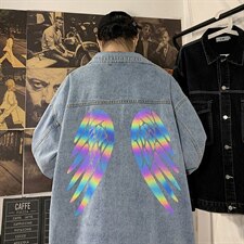 2021秋季新港风海报大码男反光炫彩翅膀印花牛仔夹克外套NJ123P75，男装夹克，电商A001