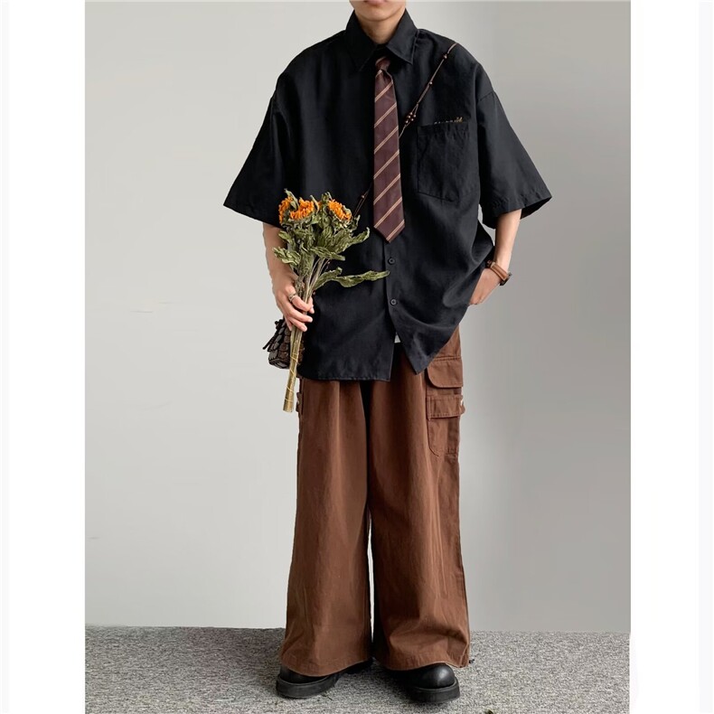 短袖衬衫男夏季领带制服衬衣痞帅高级感设计潮牌潮流学院风CS55,男装衬衫,星座1013