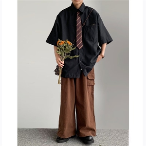 短袖衬衫男夏季领带制服衬衣痞帅高级感设计潮牌潮流学院风CS55图片