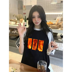 抖音得物品质二开240克宽松纯棉美式潮牌插肩三杠织带短袖T恤图片
