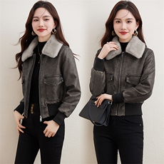 复古磨砂加绒皮衣女2023冬装新款小个子短款潮流机车服皮夹克外套，女装棉衣/棉服，江南女神