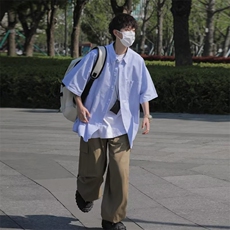 日系蓝白条纹短袖衬衫男高级感男生衣服搭配帅气穿搭少年感-C290，男装衬衫，星座601-2