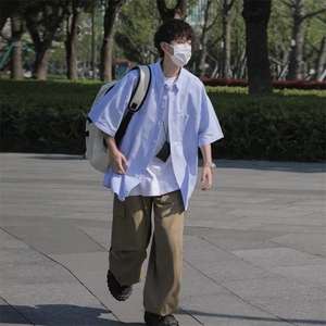 日系蓝白条纹短袖衬衫男高级感男生衣服搭配帅气穿搭少年感-C290图片