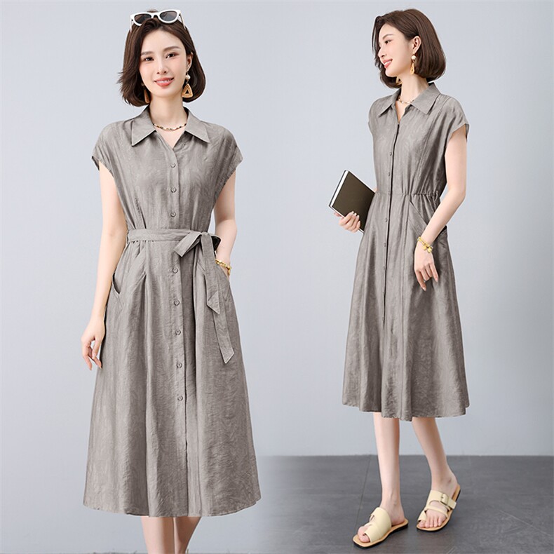 翻领单排扣亚麻连衣裙2025夏季新款中年妈妈修身显瘦暗纹提花裙子，女装连衣裙，曼沙奕珂