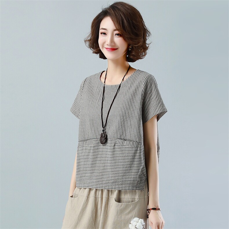 短袖t恤女夏装新款韩版宽松百搭显瘦休闲棉麻风条纹上衣，女装T恤，鑫鑫格