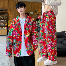 XF02男秋港风文艺休闲大码西服套装西装东北大花民族风特色新中式，男装西服，星座115A(原星座507）