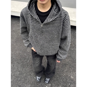 美式复古条纹连帽卫衣男款秋季开衫cleanfit情侣外套WW301-特P75图片