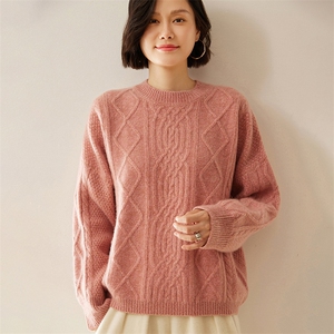 重磅加厚山羊绒衫女圆领重工绞花韩版宽松大版毛衣针织打底衫冬图片