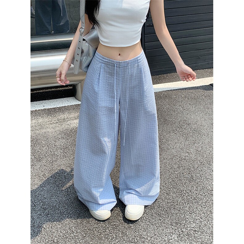 蓝色韩版木耳边格子休闲裤男女2026夏季新款直筒显瘦宽松阔腿裤图片