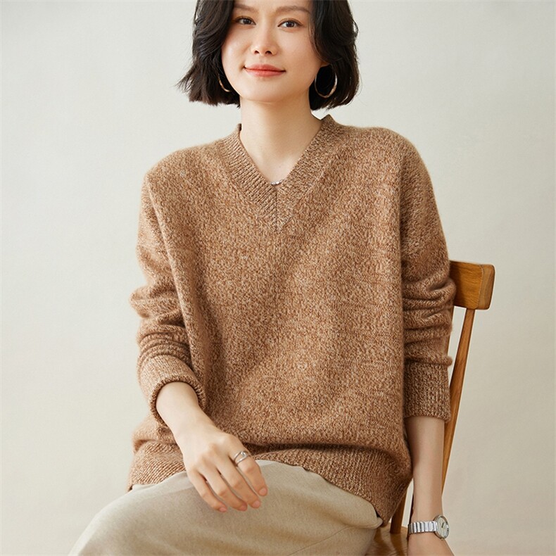 时尚花纱不规则下摆35%羊绒衫显瘦百搭V领毛衣，女装羊绒衫，迎冬羊绒