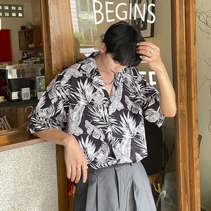 夏季文艺格子五分袖气质百搭潮流男标准青春流行拼色衬衫图片
