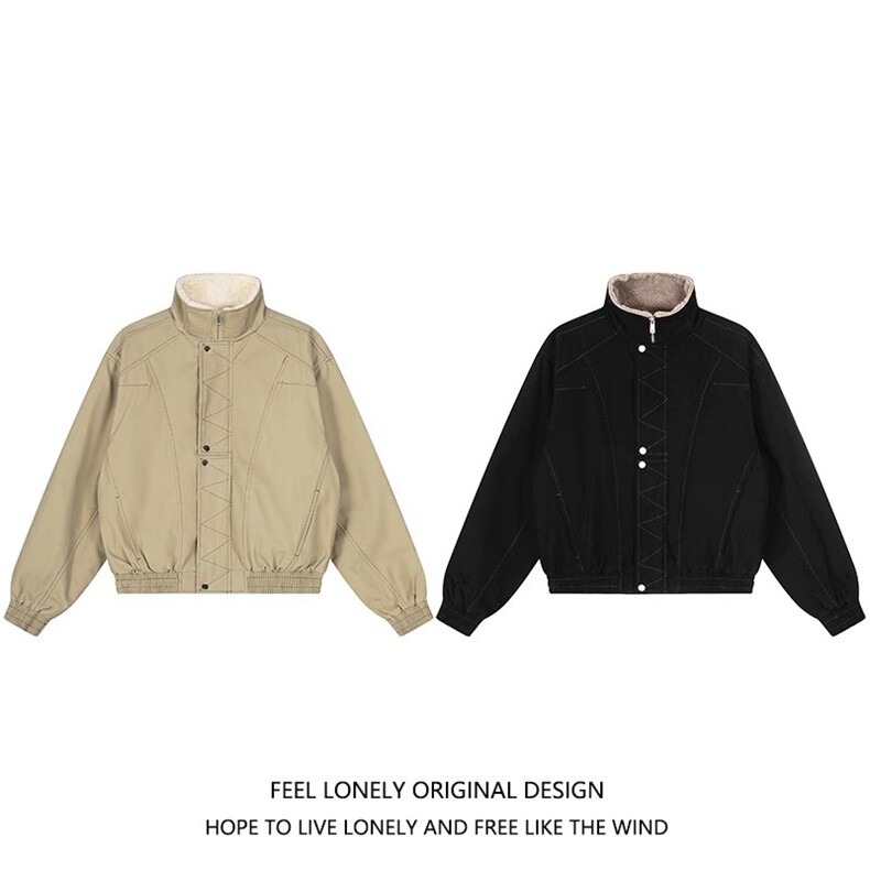 解构缉明线立领工装夹克秋冬加绒加厚廓形宽松棉服女B138-P110,男装夹克,星座910-1