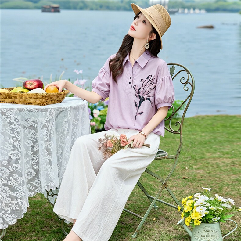 2026年夏季时尚水墨印花套装衬衫裤子套装,女装套装/套裙,依路服饰