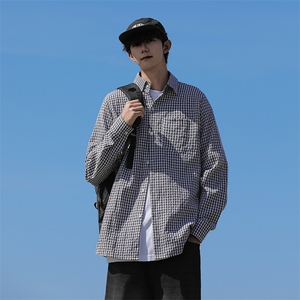 春装小格子长袖衬衫男宽松休闲大码衬衣 C507P35图片