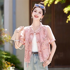 夏季薄款短袖新中式提花外套女流行国风盘扣减龄漂亮短款外搭上衣，女装短外套，艾仟回(原伊仟回)