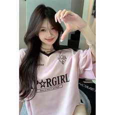 灰色v领字母短袖T恤女夏季美式复古学院辣妹上衣ins酷甜美少女，男装T恤，星座506A