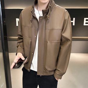 秋新品跨境男装PU皮夹克男士潮流修身机车服皮衣男潮流2307-P95图片