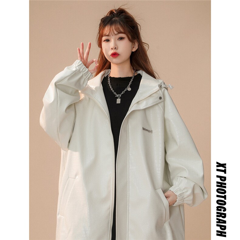 中性连帽鳄鱼纹PU皮衣大码情侣休闲冲锋衣夹克男JK8744P90控128，女装短外套，星座226-1