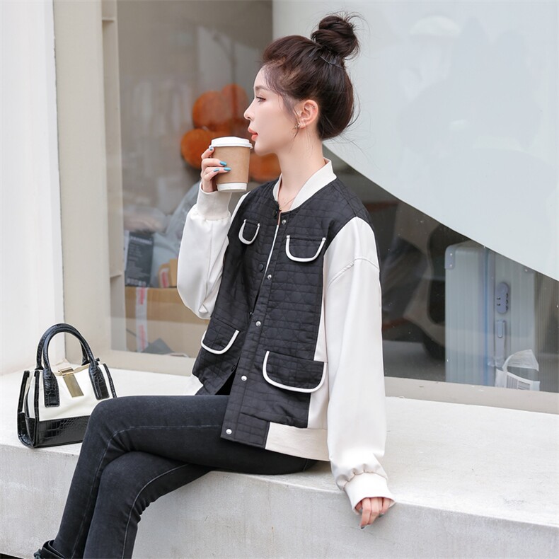 PU皮拼接假两件菱格棒球服女2022秋季新款时尚百搭纯色立领短外套,女装短外套,辉之琳