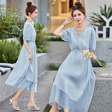 天丝时尚V领短袖连衣裙女2025夏季新款优雅气质显瘦中长裙SY2656，女装连衣裙，韩然一族