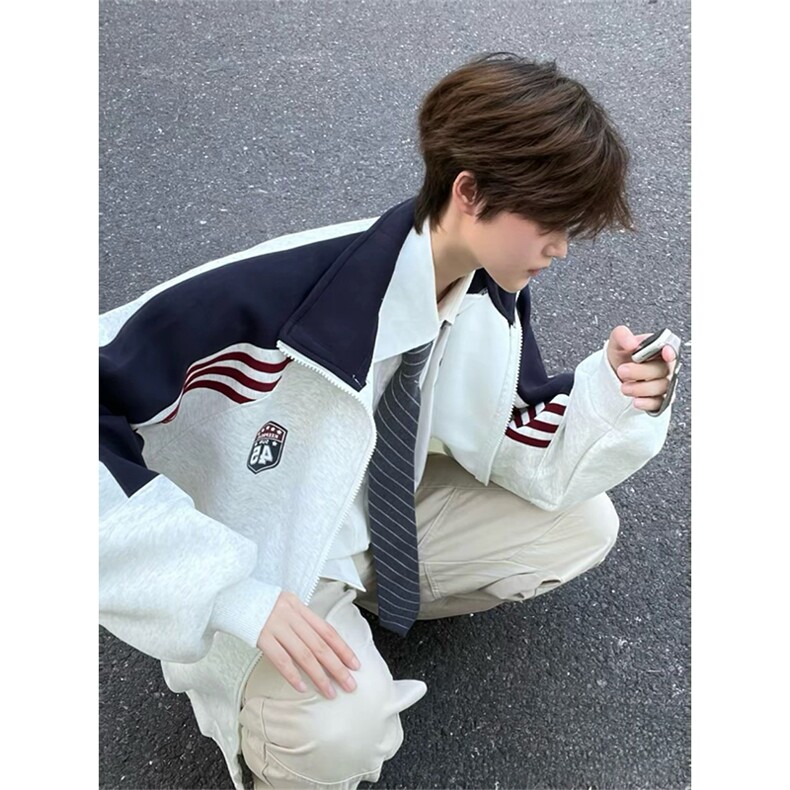 抖音得物秋美式高街重磅结构织带拼接撞色立领卫衣外套ACM4101，女装短外套，电商A443