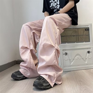 休闲裤男韩版潮流褶皱个性2024秋季ins裤脚开衩长裤K5106-P30图片